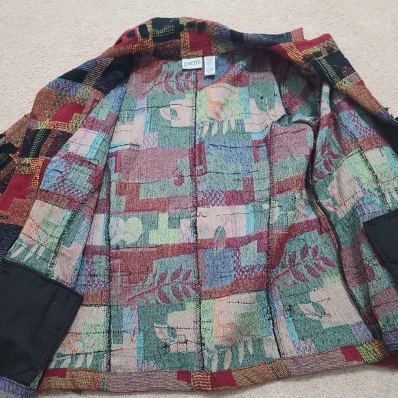 Chicos Jacket Tapestry Embellished Red Black Orange 2 Large Art to Wear Pockets - Picture 7 of 13